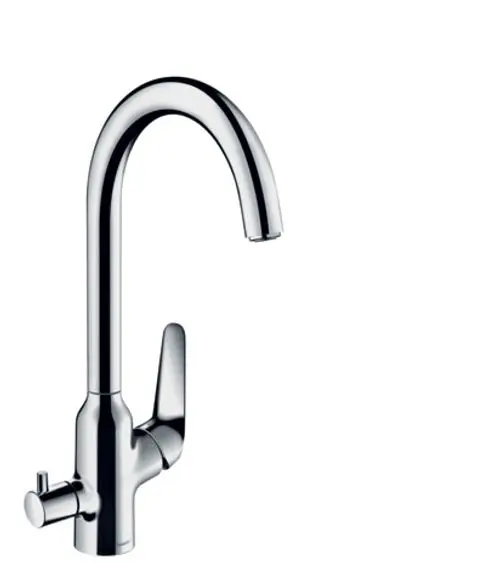 Hansgrohe Spültischmischer mit einem hohen, geschwungenen Auslauf und einem Hebel, ausgeführt in glänzendem Chrom. Gerät ist mit einem Absperrventil ausgestattet.